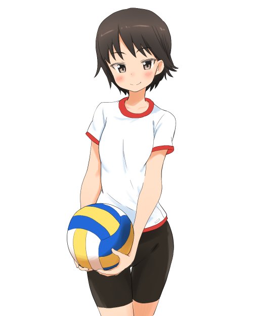 ball bangs bike_shorts black_shorts blush brown_eyes brown_hair closed_mouth commentary cowboy_shot girls_und_panzer gym_shirt gym_uniform holding holding_ball isobe_noriko looking_at_viewer no_socks shirt short_hair short_shorts short_sleeves shorts simple_background smile solo standing t-shirt thigh_gap uasi volleyball white_background white_shirt