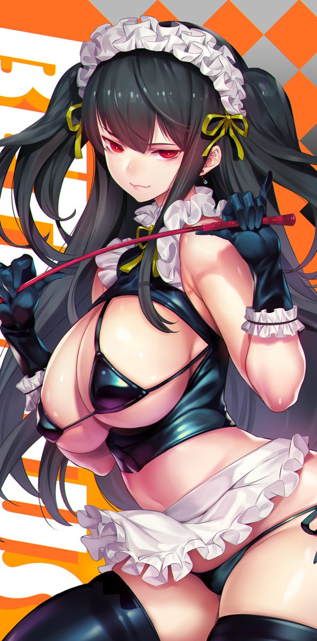 armpit_crease artist_name bacius bangs bikini black_bikini black_gloves black_hair black_legwear black_vest breast_cutout breasts cleavage closed_mouth covered_nipples cowboy_shot cropped_vest earrings frilled_skirt frills gloves groin hair_between_eyes hands_up highres holding_whip jewelry large_breasts leaning_forward long_hair looking_at_viewer maid maid_headdress micro_bikini miniskirt original pinky_out red_eyes side-tie_bikini sidelocks skindentation skirt smile solo stomach swimsuit thighhighs thighs tight tsurime two_side_up very_long_hair vest
