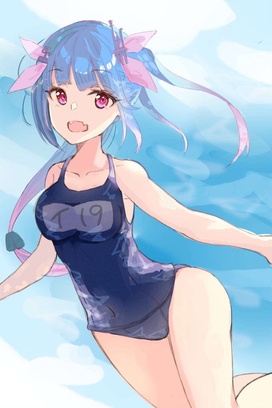 :d blue_hair breasts fangs hair_ribbon highres hyakunin_momoko i-19_(kantai_collection) kantai_collection large_breasts long_hair looking_at_viewer name_tag one-piece_swimsuit open_mouth red_eyes ribbon school_swimsuit smile solo swimsuit tri_tails