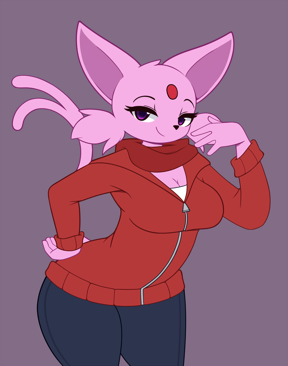 2018 anthro breasts cleavage clothed clothing digital_media_(artwork) eeveelution espeon eyebrows eyelashes female forked_tail fully_clothed half-closed_eyes hand_on_hip hi_res looking_at_viewer nintendo pinkcappachino pok&eacute;mon pok&eacute;mon_(species) pok&eacute;morph purple_eyes simple_background smile solo video_games wide_hips