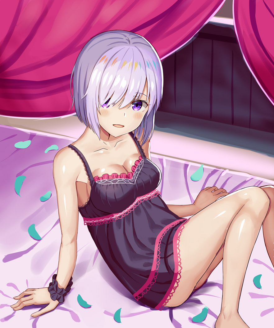 :d arm_support barefoot bed_sheet black_dress blush breasts cleavage dress eyebrows_visible_through_hair fate/grand_order fate_(series) hair_between_eyes hair_over_one_eye indoors looking_at_viewer mash_kyrielight medium_breasts open_mouth petals purple_eyes shiny shiny_hair shiny_skin short_dress short_hair sideboob silver_hair sitting sleeveless sleeveless_dress smile solo wgdnmbdflrykqoq wrist_cuffs