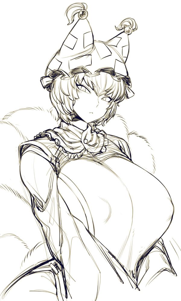 :&lt; breast_squeeze breasts covered_nipples eyebrows_visible_through_hair fox_tail frilled_shirt_collar frills hat huge_breasts looking_at_viewer monochrome multiple_tails pillow_hat short_hair slit_pupils solo space_jin tabard tail tassel touhou wide_hips wide_sleeves yakumo_ran