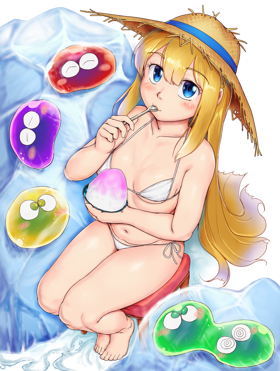 :3 bangs bare_arms bare_legs bare_shoulders barefoot bikini blonde_hair blue_eyes blush breasts brown_hat closed_mouth collarbone eyebrows_visible_through_hair hair_between_eyes hat highres looking_at_viewer madou_monogatari navel orizen puyo_(puyopuyo) puyopuyo shaved_ice side-tie_bikini simple_background sitting small_breasts solo stool straight_hair straw_hat swimsuit thighs white_background white_bikini witch_(puyopuyo)