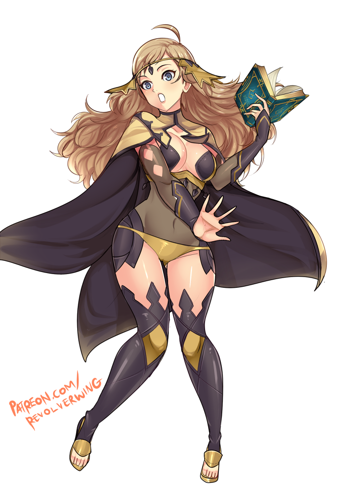ahoge blonde_hair blue_eyes book breasts cape center_opening circlet cleavage covered_navel fire_emblem fire_emblem_if full_body holding holding_book long_hair medium_breasts open_book open_mouth ophelia_(fire_emblem_if) revolverwing solo standing thick_thighs thighs transparent_background wide_hips