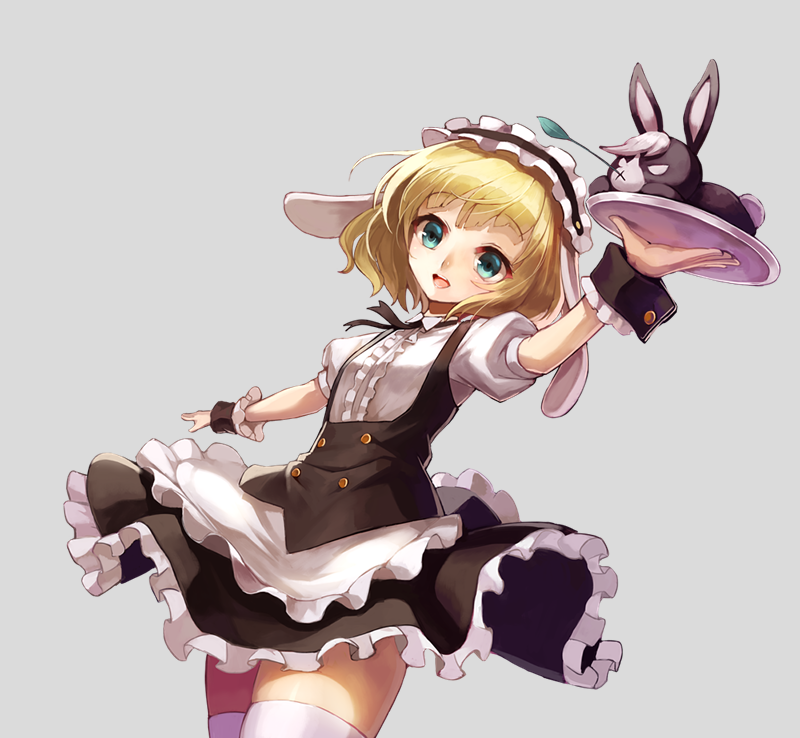 :d animal animal_ears apron arm_up bangs black_hairband black_skirt blonde_hair breasts bunny bunny_ears center_frills commentary_request dutch_angle eyebrows_visible_through_hair fleur_de_lapin_uniform floppy_ears frilled_apron frilled_hairband frilled_skirt frills gochuumon_wa_usagi_desu_ka? green_eyes grey_background hairband holding holding_tray kirima_sharo looking_at_viewer open_mouth puffy_short_sleeves puffy_sleeves shirt short_sleeves simple_background skirt small_breasts smile sue_(bg-bros) thighhighs tray upper_teeth waist_apron white_apron white_legwear white_shirt wild_geese wrist_cuffs