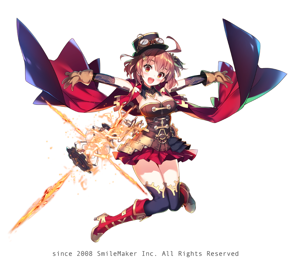 2018 :d ahoge blue_legwear blush boots breasts brown_gloves brown_hair brown_hat brown_shirt cape cleavage commentary_request detached_sleeves fire full_body gloves goggles goggles_on_headwear hat hayakawa_harui head_tilt high_heel_boots high_heels idle_explorer knee_boots lantern large_breasts long_sleeves mini_hat official_art open_mouth outstretched_arms pleated_skirt red_cape red_eyes red_footwear red_skirt shirt simple_background skirt smile solo spread_arms thighhighs thighhighs_under_boots upper_teeth watermark white_background