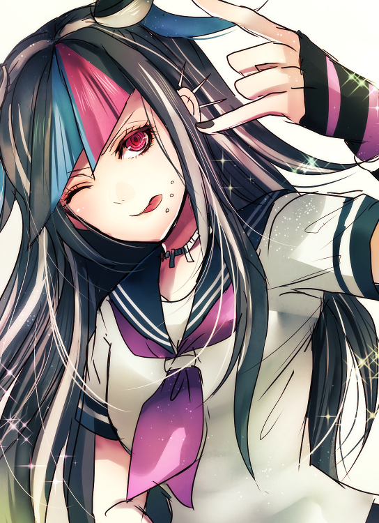 ;p black_hair black_nails danganronpa dutch_angle ear_piercing floating_hair gloves jewelry long_hair mioda_ibuki multicolored_hair nail_polish neckerchief necklace one_eye_closed piercing purple_neckwear red_eyes sailor_collar shirt short_sleeves simple_background solo striped striped_gloves super_danganronpa_2 tongue tongue_out upper_body white_background white_shirt z-epto_(chat-noir86)