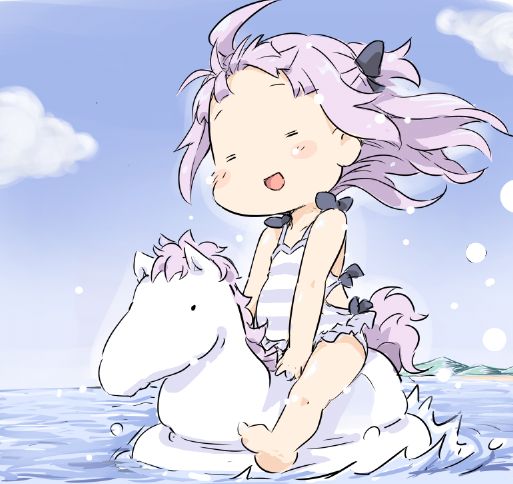:d =_= ahoge azur_lane bangs bare_arms bare_legs bare_shoulders barefoot black_bow blue_sky blush_stickers bow casual_one-piece_swimsuit chibi closed_eyes cloud collarbone commentary_request day facing_viewer forehead hair_bow ham_(points) horizon long_hair mountain ocean one-piece_swimsuit open_mouth outdoors pink_hair sitting sky smile soles solo striped striped_swimsuit swimsuit unicorn_(azur_lane) water