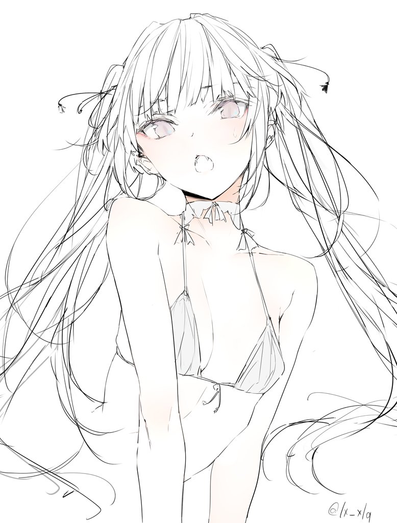 bangs bare_arms bare_shoulders bikini blunt_bangs blush breasts choker fangs halterneck limited_palette long_hair looking_at_viewer open_mouth original shunsei_(muratou) simple_background slit_pupils small_breasts solo swimsuit twintails twitter_username upper_body white_background