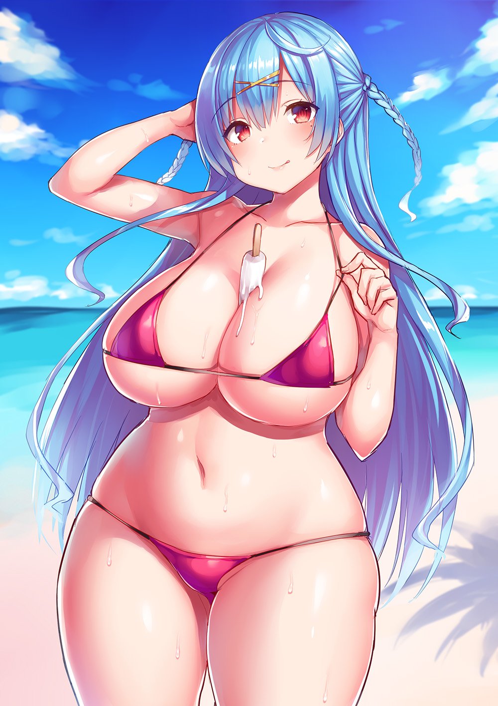 1girl beach bikini blue_hair braid breasts cleavage collar curvy female huge_breasts long_hair looking_at_viewer original red_eyes shiny shiny_hair shiny_skin sky smile solo standing sweat swimsuit thick_thighs thighs thong tongue tongue_out tsukumiya_amane water wide_hips