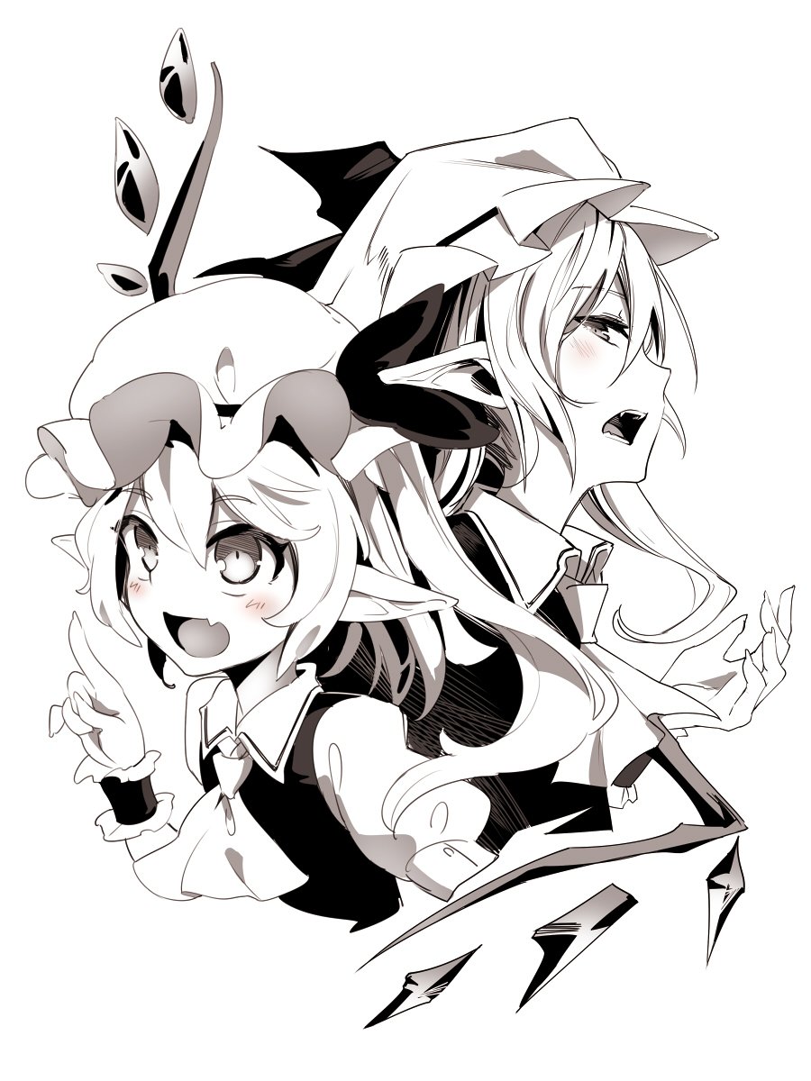 :d ascot asutora bangs blush commentary_request cropped_torso crystal eyebrows_visible_through_hair fang flandre_scarlet from_side greyscale hair_between_eyes hat hat_ribbon highres index_finger_raised long_hair looking_at_viewer looking_up mob_cap monochrome multiple_girls one_side_up open_mouth pointy_ears profile puffy_short_sleeves puffy_sleeves remilia_scarlet ribbon shirt short_hair short_sleeves siblings simple_background sisters smile spot_color touhou upper_body vest white_background wing_collar wings wrist_cuffs