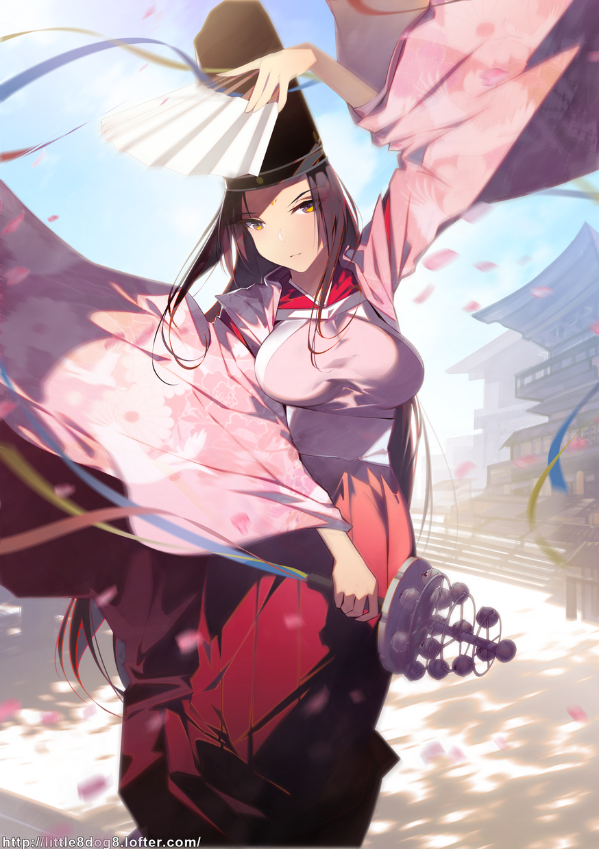 ajahweea architecture arm_up bell breasts brown_hair closed_mouth dancing day east_asian_architecture expressionless facial_mark fan floral_print folding_fan forehead_mark hakama hat head_tilt highres holding holding_fan japanese_clothes jingle_bell kagura_suzu large_breasts long_hair long_sleeves looking_at_viewer motion_blur nontraditional_miko official_art orange_eyes original outdoors petals red_hakama sky solo standing tate_eboshi very_long_hair watermark web_address wide_sleeves