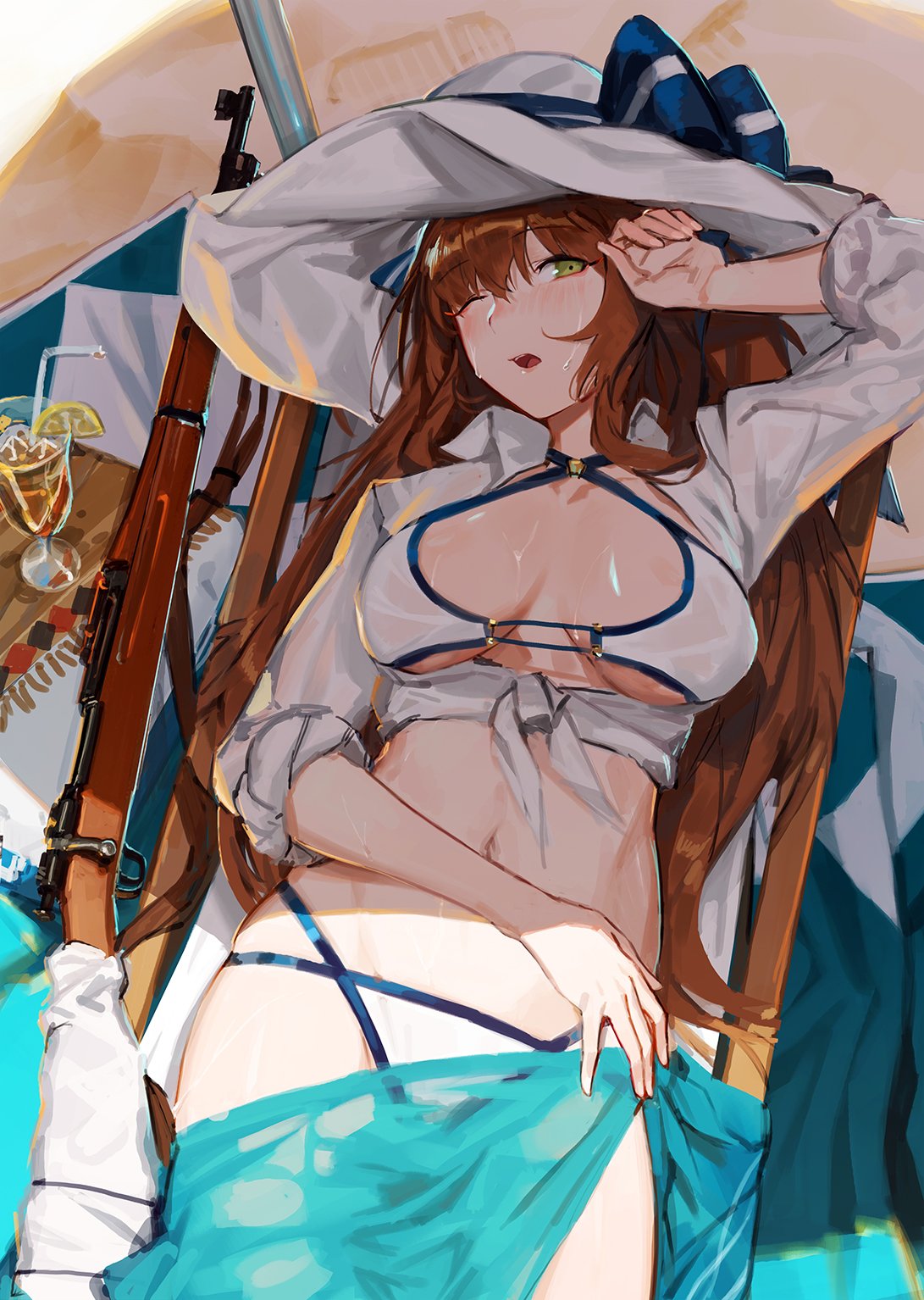 alternate_costume arm_up bangs bare_legs beach_mat beach_umbrella bikini blue_ribbon blush bolt_action breasts brown_hair cleavage collarbone commentary_request day eyebrows_visible_through_hair flower girls_frontline green_eyes groin gun hair_between_eyes hair_ribbon hair_rings hand_on_headwear hat hat_flower hat_ribbon highres knees_up large_breasts long_hair looking_at_viewer lying m1903_springfield m1903_springfield_(girls_frontline) navel o-ring o-ring_top ocean on_back one_eye_closed open_clothes open_mouth outdoors ribbon rifle sarong see-through shade shiny shiny_skin shirt sidelocks skindentation smile solo stomach sun_hat swimsuit thighs tied_shirt tommy830219 umbrella weapon white_bikini white_shirt