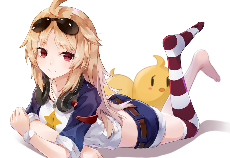 ass asymmetrical_legwear azur_lane blonde_hair columbia_(azur_lane) commentary_request food headphones headphones_around_neck long_hair looking_at_viewer lying mashita_(kuzsat) on_stomach red_eyes shorts simple_background smile solo sunglasses white_background wristband