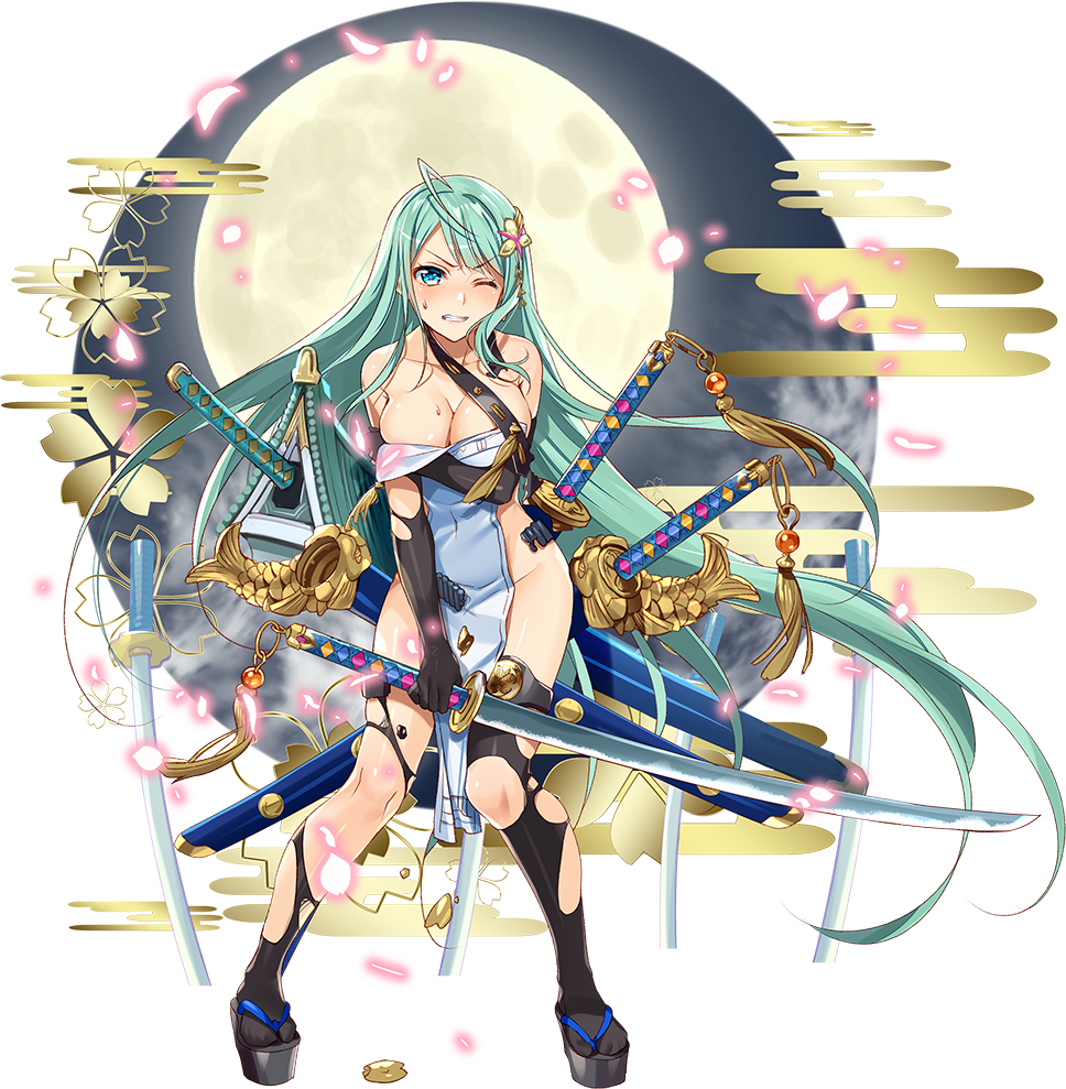 absurdly_long_hair ahoge black_gloves black_legwear blue_eyes blush breasts cleavage earrings elbow_gloves eyebrows_visible_through_hair full_body gloves green_hair heart heart_earrings holding holding_sword holding_weapon jewelry large_breasts long_hair looking_at_viewer murakami_yuichi official_art one_eye_closed oshiro_project oshiro_project_re platform_footwear sheath sheathed smile solo sword thighhighs tokugawa_osaka_(oshiro_project) torn_clothes torn_legwear transparent_background very_long_hair weapon