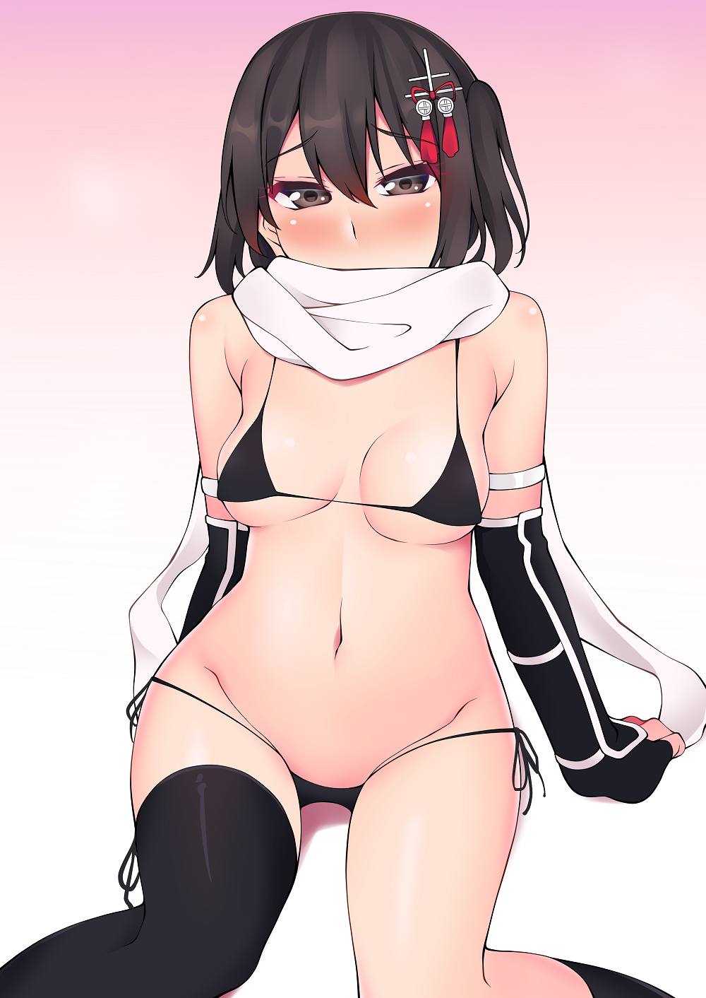 bad_id bad_pixiv_id bikini black_bikini black_gloves black_legwear black_triangle_(artist) breasts brown_eyes brown_hair commentary_request covered_mouth elbow_gloves eyebrows_visible_through_hair fingerless_gloves gloves gradient gradient_background groin hair_between_eyes hair_ornament highres kantai_collection micro_bikini navel one_side_up scarf sendai_(kantai_collection) short_hair single_thighhigh small_breasts solo swimsuit thighhighs white_scarf