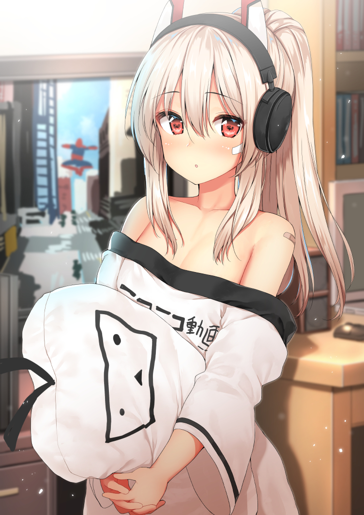 ayanami_(azur_lane) azur_lane bandaid_on_arm bandaid_on_cheek bangs bare_shoulders blush body_mahattaya_ginga bookshelf breasts collarbone commentary_request computer hair_between_eyes headgear headphones high_ponytail indoors laptop light_brown_hair long_hair looking_at_viewer niconico open_mouth pillow ponytail red_eyes shirt sidelocks small_breasts solo spider-man_(series) television terebi-chan white_shirt