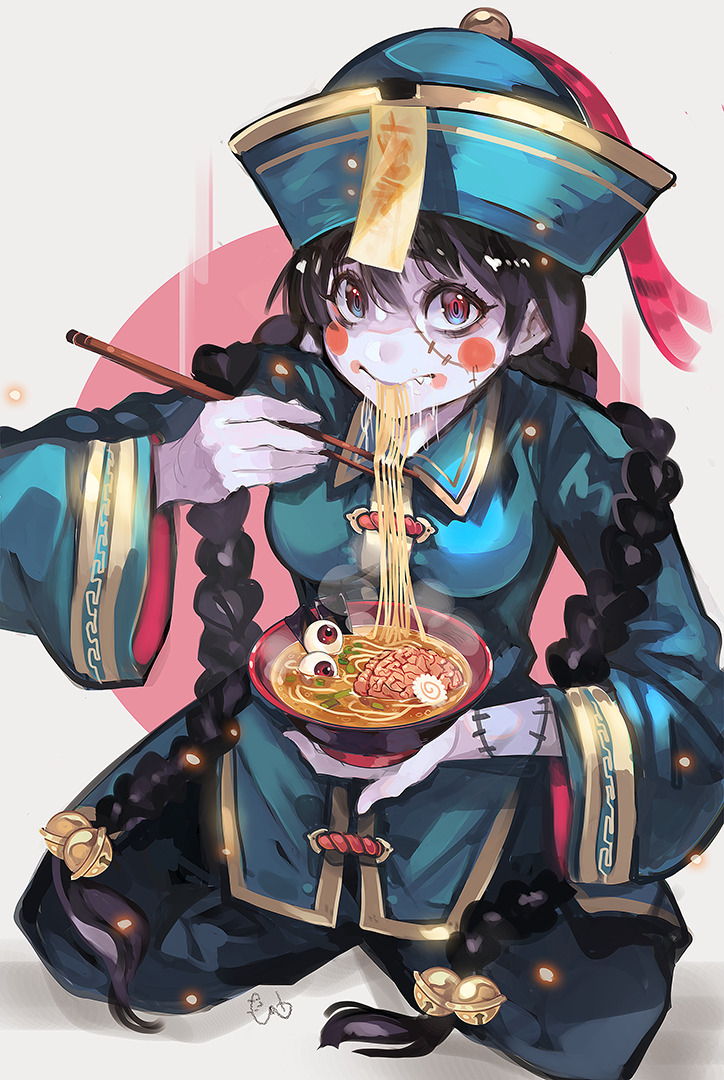 alpaca_carlesi bags_under_eyes blue_eyes blush bowl brain chinese_clothes chopsticks commentary eyeball fang food hat jiangshi long_hair looking_at_viewer noodles ofuda original pants purple_skin ramen sitting solo stitches wide_sleeves zombie