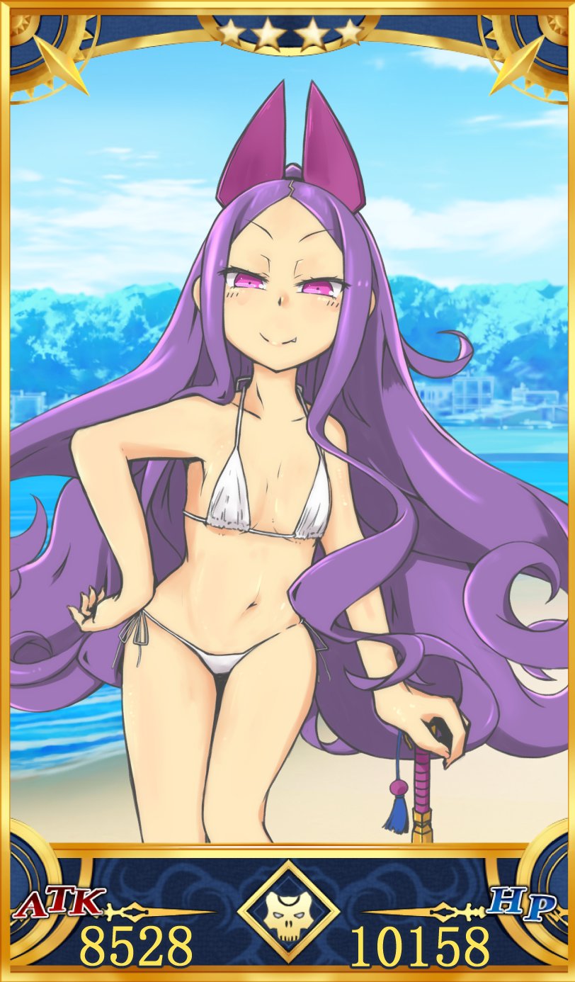 alternate_costume alternate_hairstyle bare_arms bare_legs bare_shoulders beach bikini blue_sky breasts card_(medium) card_parody closed_mouth cloud collarbone commentary_request contrapposto cowboy_shot curly_hair day fang fang_out fate/grand_order fate_(series) hand_on_hilt hand_on_hip highres hill hips legs long_hair looking_at_viewer macbail mountainous_horizon navel ocean outdoors photo_background pommel_tassel ponytail purple_eyes purple_hair servant_card_(fate/grand_order) side-tie_bikini skull sky small_breasts smile solo stats string_bikini swimsuit tassel thighs tsurime very_long_hair white_bikini wu_zetian_(fate/grand_order)