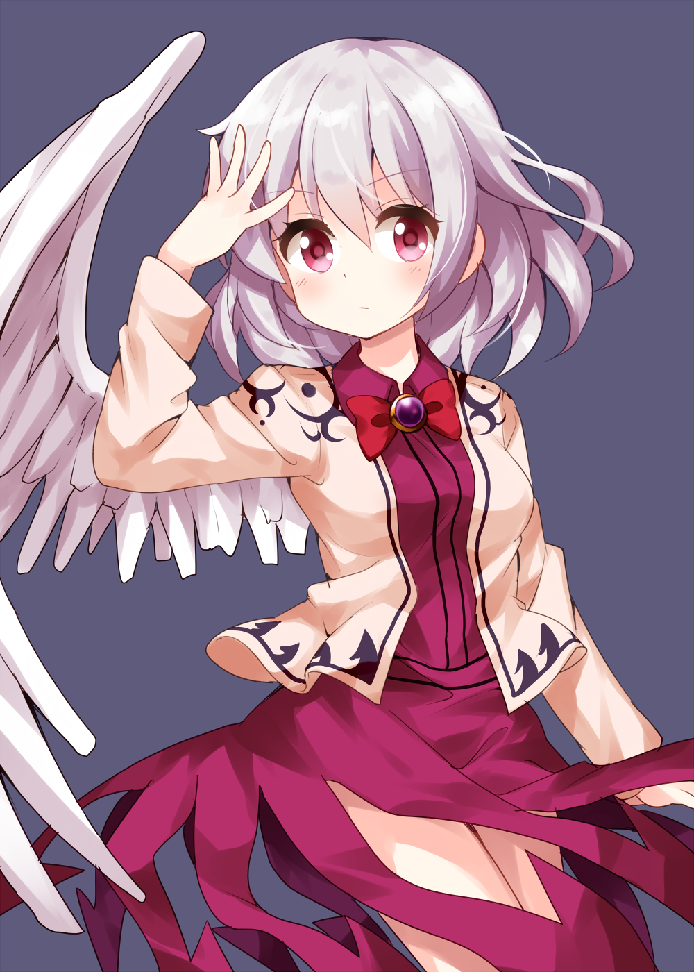 arm_up bangs beige_jacket blue_background blush bow bowtie breasts brooch closed_mouth commentary_request cowboy_shot dress eyebrows_visible_through_hair feathered_wings grey_wings hair_between_eyes highres jacket jewelry kishin_sagume long_sleeves looking_at_viewer medium_breasts pink_eyes purple_dress red_bow red_neckwear ruu_(tksymkw) short_hair silver_hair simple_background single_wing solo standing thighs touhou white_wings wing_collar wings