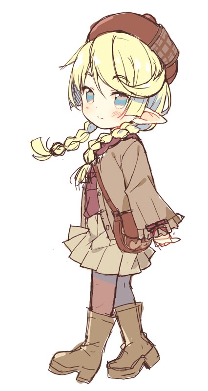 bag blonde_hair blue_eyes blush boots braid brown_footwear brown_hat brown_jacket brown_legwear brown_shirt brown_skirt closed_mouth commentary_request copyright_request full_body hat jacket knee_boots long_hair long_sleeves looking_at_viewer looking_to_the_side low_twintails meito_(maze) pantyhose pleated_skirt pointy_ears shirt shoulder_bag simple_background sketch skirt smile solo standing twin_braids twintails white_background wide_sleeves