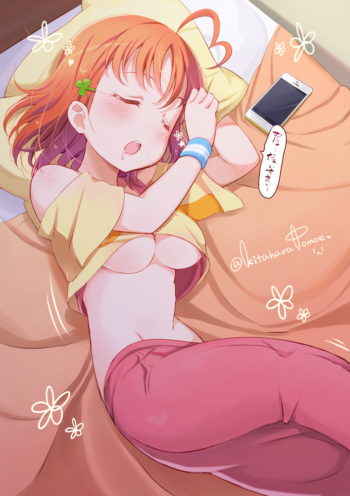 ahoge bed blue_eyes blush bra breasts cellphone clenched_hand closed_eyes clover_hair_ornament crop_top drooling hair_ornament heart_ahoge kitahara_tomoe_(kitahara_koubou) love_live! love_live!_sunshine!! lying medium_breasts medium_hair midriff on_side open_mouth orange_hair pants phone pillow pink_bra pink_pants shirt smartphone solo sweatband takami_chika translation_request twitter_username underboob underwear wristband yellow_shirt