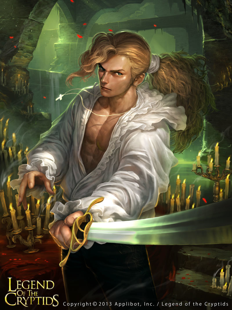 blonde_hair blue_eyes candle copyright_name cross fire jewelry legend_of_the_cryptids long_hair low_ponytail male_focus necklace official_art open_clothes open_shirt petals solo sword weapon woo_chul_lee