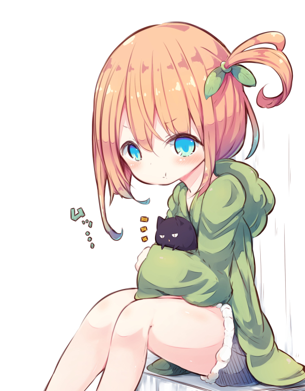 :t bangs beni_shake blue_eyes blue_shorts blush closed_mouth commentary_request eyebrows_visible_through_hair fur-trimmed_shorts fur_trim green_hoodie green_ribbon hair_between_eyes hair_ribbon hood hood_down hoodie light_brown_hair long_sleeves one_side_up original pout ribbon short_shorts shorts sitting solo white_background wide_sleeves