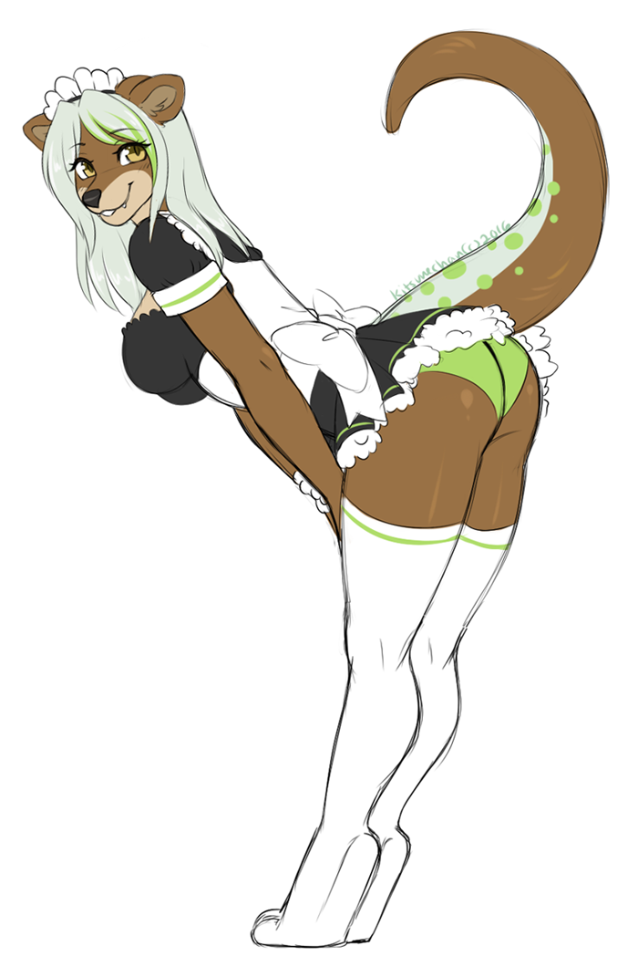 big_breasts black_nose blush breasts butt clothing english_text female hair kitsunewaffles-chan leaning_over legwear long_hair looking_at_viewer maid_uniform mammal mustelid netto_(uk-brony) otter panties raised_tail signature simple_background smile stockings teeth text underwear uniform white_background