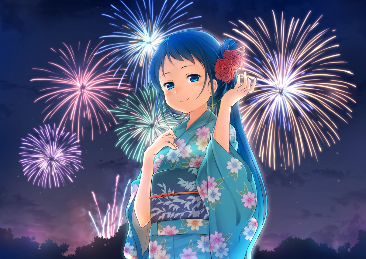 aerial_fireworks alternate_costume bangs blue_eyes blue_hair blush closed_mouth commentary_request eyebrows_visible_through_hair festival fireworks floral_print flower gradient_hair hair_between_eyes hair_flower hair_ornament hand_on_own_chest hand_up japanese_clothes kantai_collection kimono long_hair looking_at_viewer multicolored_hair night night_sky oge_(ogeogeoge) samidare_(kantai_collection) sky smile solo standing swept_bangs very_long_hair yukata