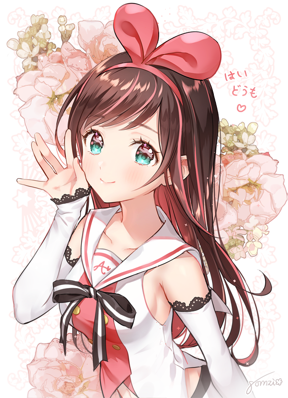 a.i._channel bangs bare_shoulders black_bow blush bow breasts brown_hair closed_mouth commentary detached_sleeves eyebrows_visible_through_hair flower gomzi green_eyes hair_ribbon hairband hand_up heart kizuna_ai long_hair long_sleeves medium_breasts multicolored_hair navel pink_flower pink_hair pink_hairband pink_ribbon ribbon sailor_collar shirt sleeveless sleeveless_shirt sleeves_past_wrists smile solo streaked_hair striped striped_bow translated very_long_hair virtual_youtuber white_sailor_collar white_shirt