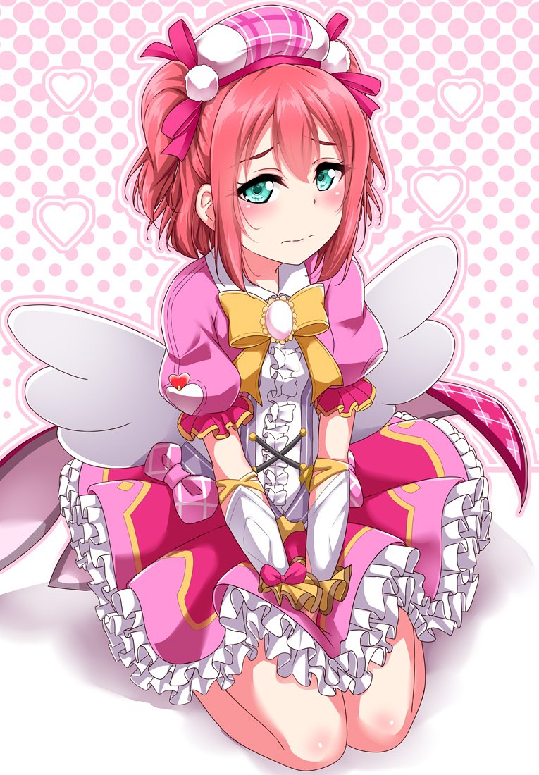 3: angel_wings aqua_eyes bangs beret between_legs blush bow bowtie brooch center_frills commentary_request dress embarrassed frilled_dress frilled_skirt frills gloves granblue_fantasy hair_ribbon halftone halftone_background hand_between_legs hat heart jewelry kurosawa_ruby looking_at_viewer love_live! love_live!_sunshine!! outline pink_bow pink_ribbon pink_skirt ribbon seiza short_hair sitting skirt solo two_side_up waist_cape wings yellow_neckwear yopparai_oni