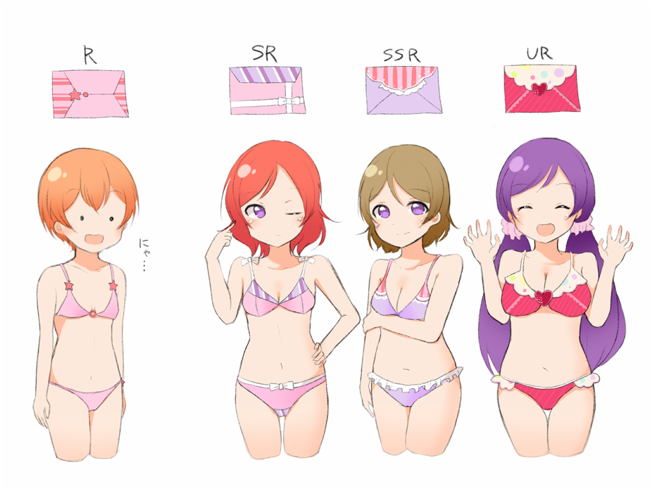 4girls :d ^_^ arms_at_sides blush bra breast_hold breasts brown_hair bust_chart claw_pose cleavage closed_eyes commentary_request cropped_legs envelope hand_on_hip hand_up heart hoshizora_rin koizumi_hanayo long_hair looking_at_viewer love_live! love_live!_school_idol_festival love_live!_school_idol_project medium_breasts multiple_girls navel nishikino_maki one_eye_closed open_mouth orange_hair panties pimi_(ringsea21) pink_bra pink_panties purple_bra purple_eyes purple_hair purple_panties red_hair short_hair simple_background small_breasts smile tearing_up thigh_gap toujou_nozomi underwear underwear_only white_background