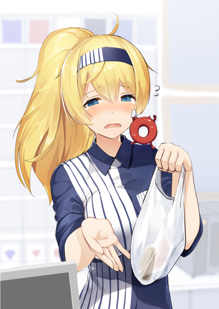 ahoge alternate_hairstyle bag bangs blonde_hair blue_eyes blue_shirt blurry blurry_background breast_pocket cash_register collared_shirt creature creature_on_shoulder crying crying_with_eyes_open employee_uniform enemy_lifebuoy_(kantai_collection) flying_sweatdrops frown gambier_bay_(kantai_collection) hairband holding holding_bag kantai_collection lawson long_hair long_ponytail meth_(emethmeth) multicolored_hair plastic_bag pocket ponytail shiny shiny_hair shirt short_sleeves striped striped_shirt tears two-tone_hair uniform upper_body vertical-striped_shirt vertical_stripes wing_collar wiping_tears