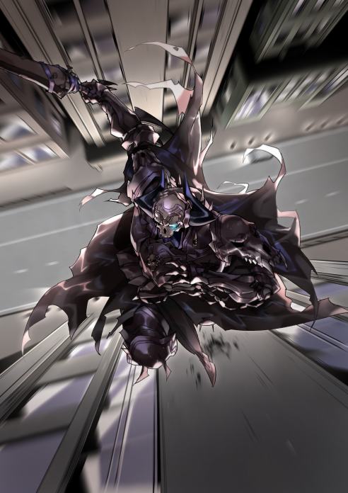 armor black_cloak blurry blurry_background building cloak depth_of_field eiri_(eirri) fate/grand_order fate_(series) glowing glowing_eyes holding holding_sword holding_weapon horns jumping king_hassan_(fate/grand_order) looking_at_viewer male_focus road skull skyscraper solo spikes sword weapon