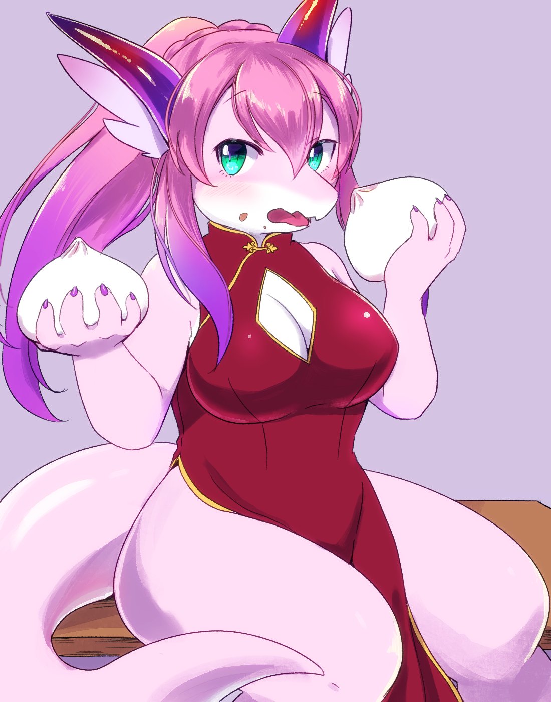 1girl chinese_clothes dragon eating furry green_eyes kemoribon long_hair looking_at_viewer open_mouth pink_hair solo