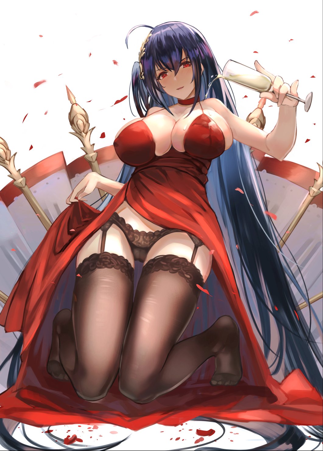 ahoge alcohol alternate_costume azur_lane bangs bare_shoulders black_hair black_panties blush breasts cameltoe champagne champagne_flute choker cleavage cocktail_dress collarbone covered_nipples cup dress dress_lift drinking_glass eyebrows_visible_through_hair garter_straps hair_between_eyes hair_ornament head_tilt highres holding holding_cup huge_breasts kakumayu kneeling lace lace-trimmed_legwear lace_panties large_breasts lifted_by_self long_hair looking_at_viewer no_shoes one_side_up open_mouth panties petals pinky_out pouring red_choker red_dress red_eyes ribbon sidelocks simple_background skindentation smile solo taihou_(azur_lane) thighhighs thighs underwear very_long_hair white_background