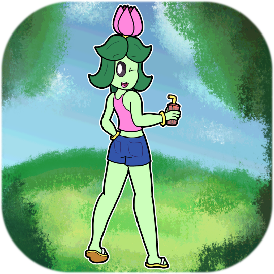 beverage black_sclera butt_pose clothed clothing dawnleaf digital_media_(artwork) female flora_fauna flower footwear humanoid leaves looking_at_viewer not_furry one_eye_closed open_mouth petals plant sandals shiny-lilligant shirt shorts solo standing tank_top white_eyes wink