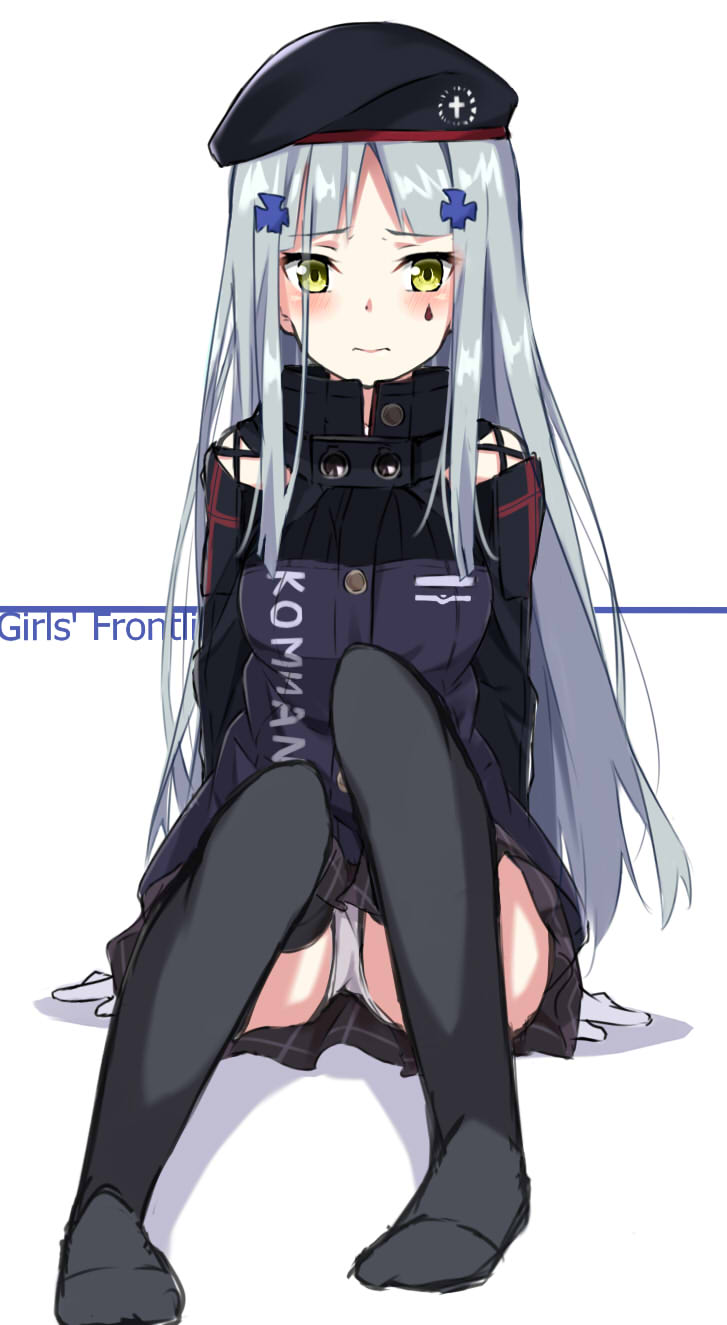 beret black_hat black_jacket black_skirt blush closed_mouth commentary_request copyright_name facial_mark girls_frontline gloves green_eyes grey_legwear hair_ornament hat highres hk416_(girls_frontline) jacket kohakope long_hair long_sleeves no_shoes panties pleated_skirt shadow silver_hair sitting skirt solo thighhighs underwear very_long_hair white_background white_gloves white_panties