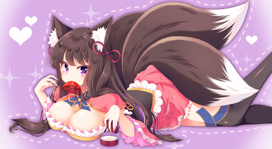 animal_ear_fluff animal_ears bad_id bad_pixiv_id black_legwear breasts brown_hair cleavage comb dress feet_out_of_frame fox_ears fox_tail hair_ribbon heart japanese_clothes large_breasts lying mouth_hold multiple_tails on_stomach outline pink_dress pink_ribbon purple_background purple_eyes ribbon sash shisui_suzuka smile suzune_(teria_saga) tail teria_saga thighhighs