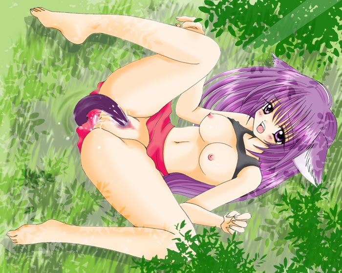 animal_ears barefoot breasts cat_ears cat_tail lying on_back outside purple_eyes purple_hair pussy pussy_juice tail vaginal