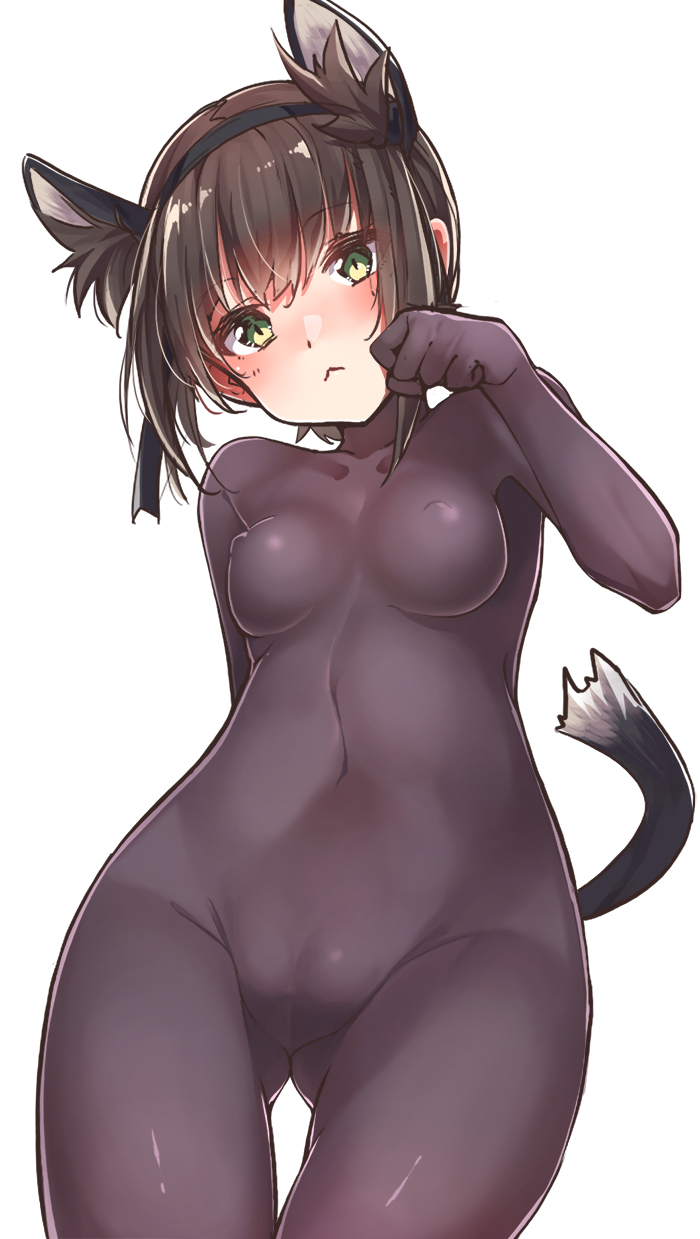 :&lt; animal_ears ass_visible_through_thighs black_bodysuit blush bodystocking bodysuit breasts brown_hair cameltoe cat_ears cat_tail covered_navel covered_nipples green_eyes hair_flaps hatsuzuki_(kantai_collection) headband highres impossible_bodysuit impossible_clothes kantai_collection konnyaku_(kk-monmon) looking_at_viewer medium_breasts paw_pose short_hair simple_background skin_tight solo standing tail white_background
