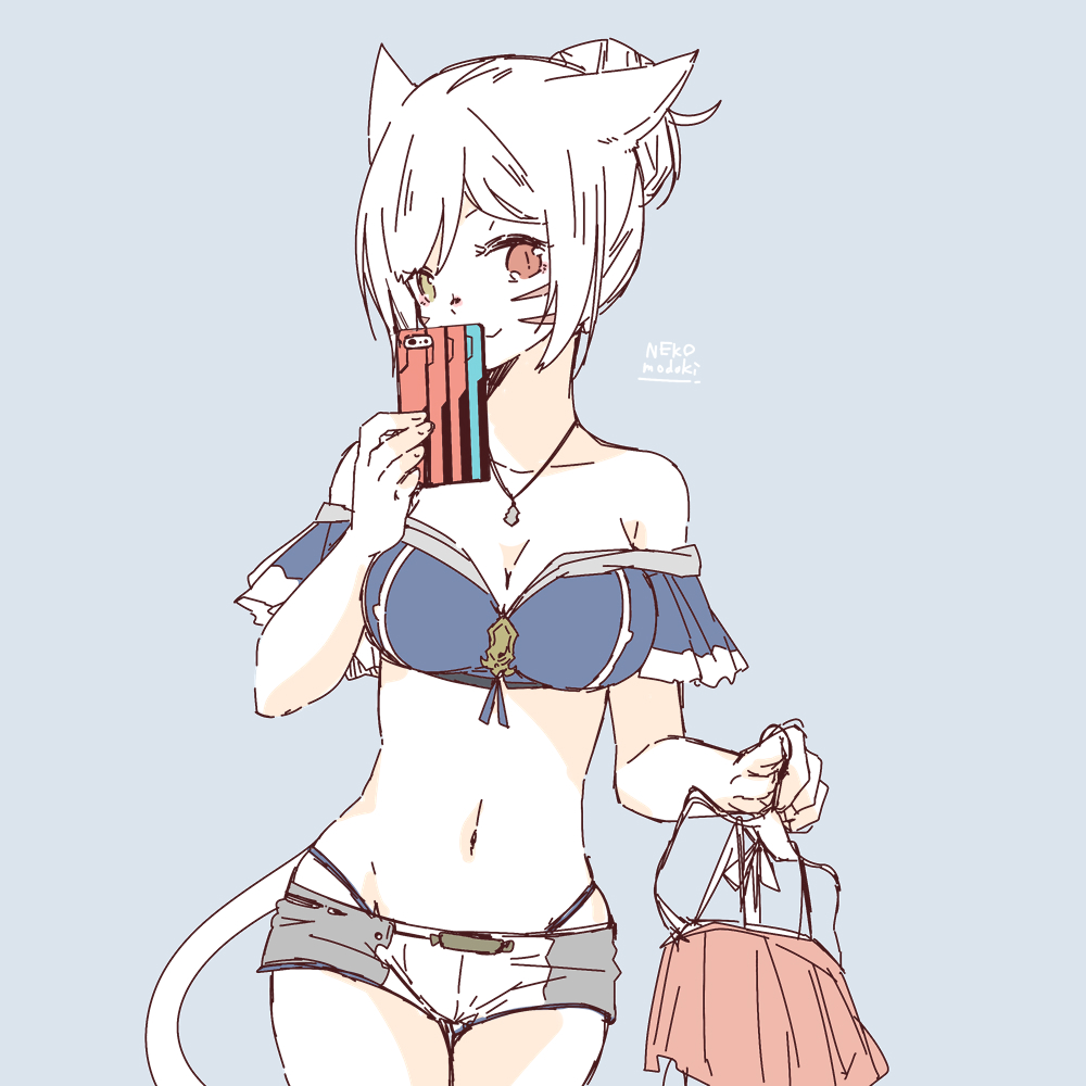 animal_ears bandeau bangs bare_shoulders blue_background breasts cat_ears cat_tail cellphone cleavage clothes_hanger cowboy_shot facial_mark final_fantasy final_fantasy_xiv heterochromia highleg highleg_panties jewelry lili_mdoki looking_at_viewer medium_breasts miqo'te necklace panties phone short_hair short_shorts shorts signature sketch skirt skirt_removed slit_pupils smartphone smile solo standing strapless tail underwear whisker_markings white_hair