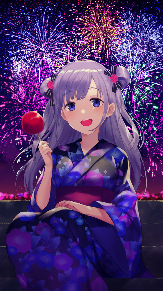 aerial_fireworks blue_eyes candy_apple coconome double_bun fireworks floral_print food japanese_clothes kimono leti_(teria_saga) long_hair looking_at_viewer night night_sky open_mouth silver_hair sitting sky smile stairs teria_saga