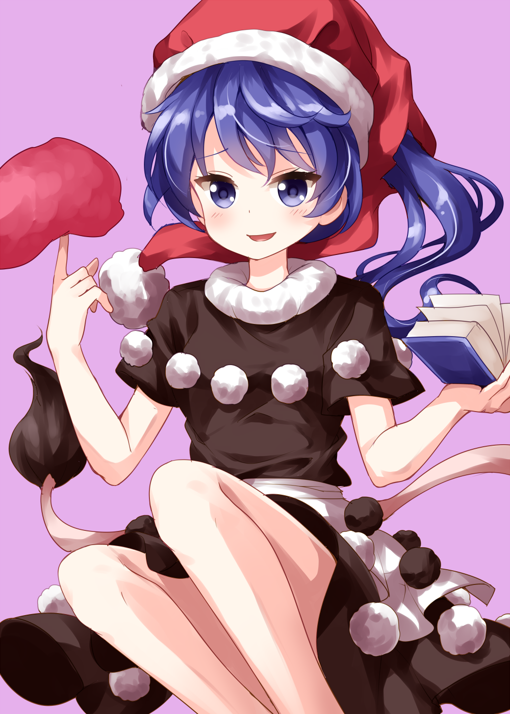 :d apron bangs black_dress blob blue_eyes blue_hair blush book breasts commentary_request doremy_sweet dress eyebrows_visible_through_hair feet_out_of_frame hands_up hat highres holding holding_book index_finger_raised knees_up long_hair looking_at_viewer medium_breasts open_mouth pom_pom_(clothes) ponytail purple_background red_hat ruu_(tksymkw) santa_hat short_sleeves simple_background smile solo tail tapir_tail thighs touhou waist_apron white_apron