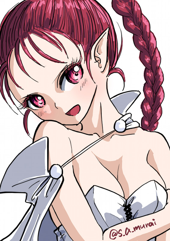 blush braid breasts cape chrono_trigger cleavage collarbone commentary_request flea_(chrono_trigger) high_ponytail long_hair looking_at_viewer medium_breasts open_mouth pink_hair pointy_ears ponytail purple_eyes s-a-murai simple_background single_braid solo upper_body white_background