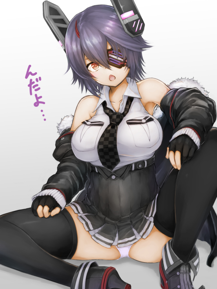 black_gloves black_jacket breast_pocket breasts checkered checkered_neckwear chestnut_mouth eyepatch gloves headgear high-waist_skirt jacket kantai_collection large_breasts long_sleeves necktie oonaka_ito open_mouth orange_eyes panties pantyshot pantyshot_(sitting) partly_fingerless_gloves pocket purple_hair remodel_(kantai_collection) shirt short_hair sitting skirt sleeveless solo spread_legs tenryuu_(kantai_collection) thighhighs translation_request underwear white_panties white_shirt