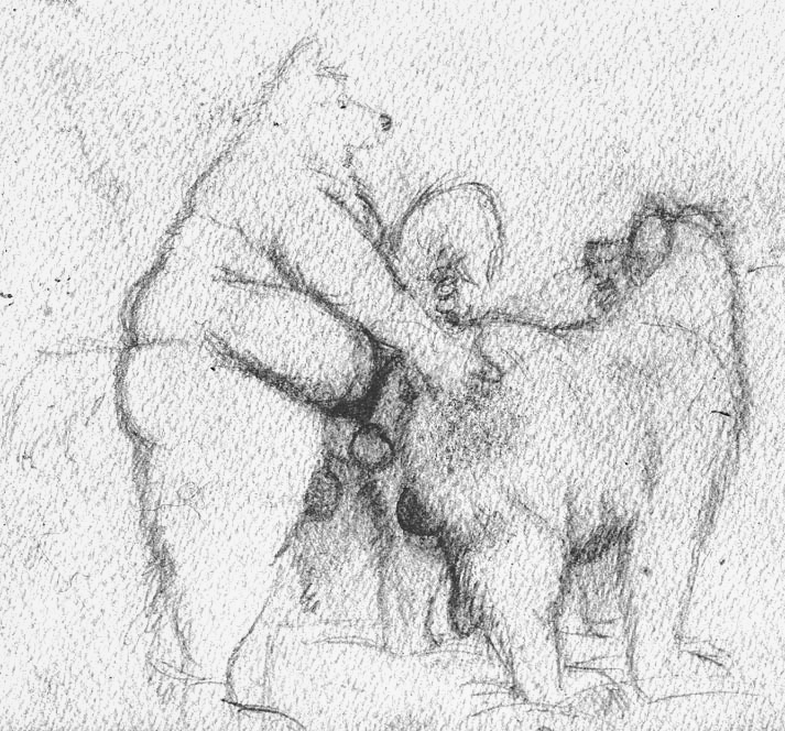 anthro anthro_on_feral balls bd belly bestiality big_belly big_penis butt canine clothing dog erection feral fur hand_on_butt humanoid_penis imminent_sex legwear male male/male mammal mostly_nude nude obese overweight pencil_(artwork) penis slightly_chubby socks traditional_media_(artwork)