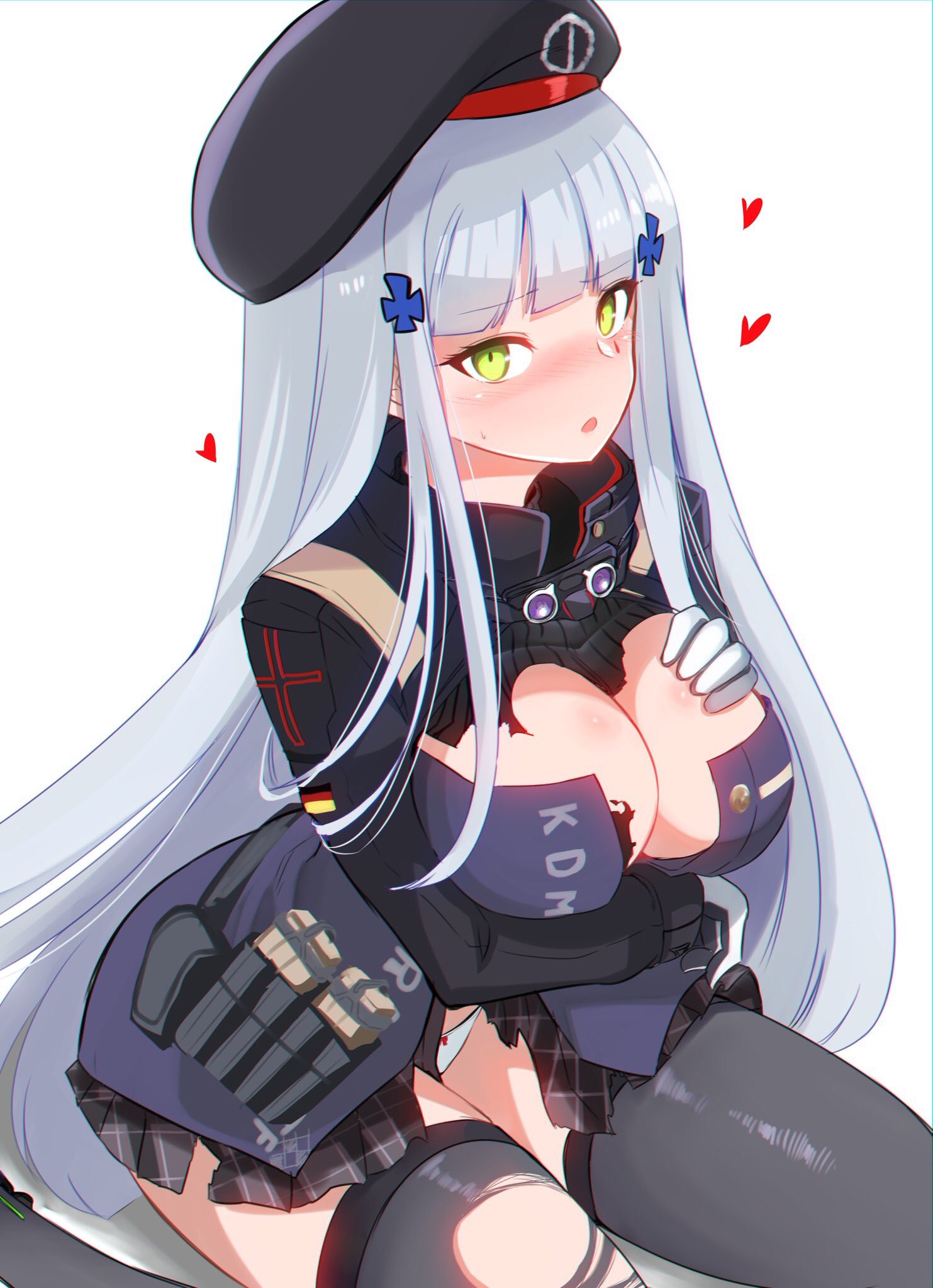 1girl ammunition_pouch arm_under_breasts bangs beret black_legwear blunt_bangs blush bow bow_panties breast_suppress breasts cleavage clothes_writing commentary_request damaged eyebrows_visible_through_hair facial_mark flying_heart german_flag girls_frontline gloves green_eyes gun hair_ornament hat highres hk416_(girls_frontline) jacket long_hair looking_at_viewer magazine_(weapon) medium_breasts open_mouth panties plaid plaid_skirt pleated_skirt pouch silver_hair simple_background sitting skirt solo sweatdrop teardrop thighhighs thighs torn_clothes torn_jacket torn_legwear torn_skirt underwear very_long_hair wariza weapon white_background white_panties