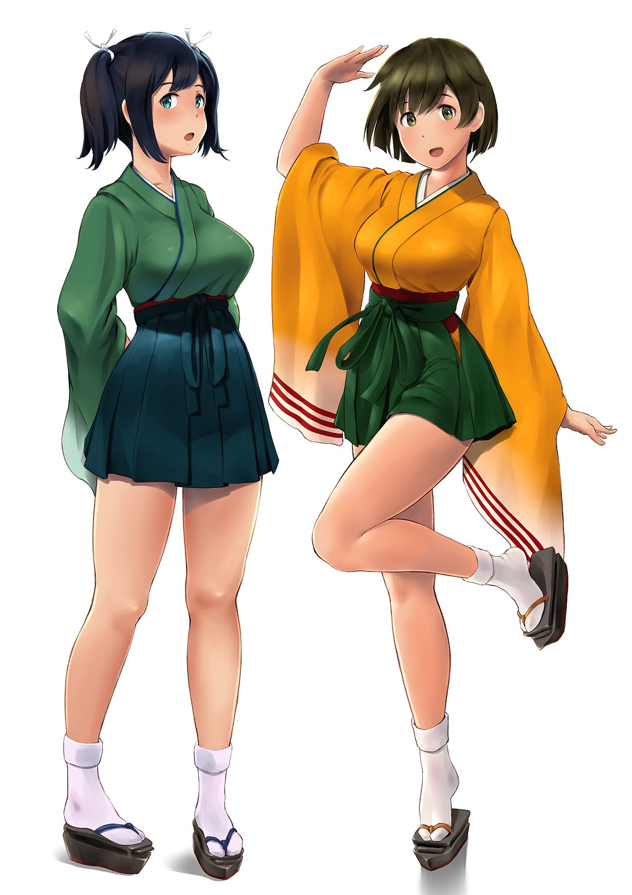 arm_up arms_behind_back black_hair blush breasts brown_eyes brown_hair commentary eyebrows_visible_through_hair full_body geta green_eyes green_skirt hair_ribbon hakama_skirt headband highres hiryuu_(kantai_collection) japanese_clothes kantai_collection large_breasts long_hair looking_at_viewer multiple_girls open_mouth pleated_skirt ribbon sandals short_hair simple_background skirt smile socks souryuu_(kantai_collection) standing standing_on_one_leg tabi twintails wa_(genryusui) white_background white_legwear white_ribbon wide_sleeves